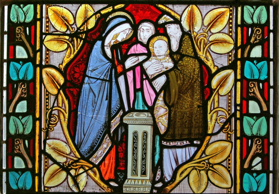 Stained glass window of the presentation of Christ in the temple