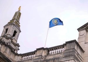 The Commonwealth Flag of Peace flies over Leeds Civic Hall